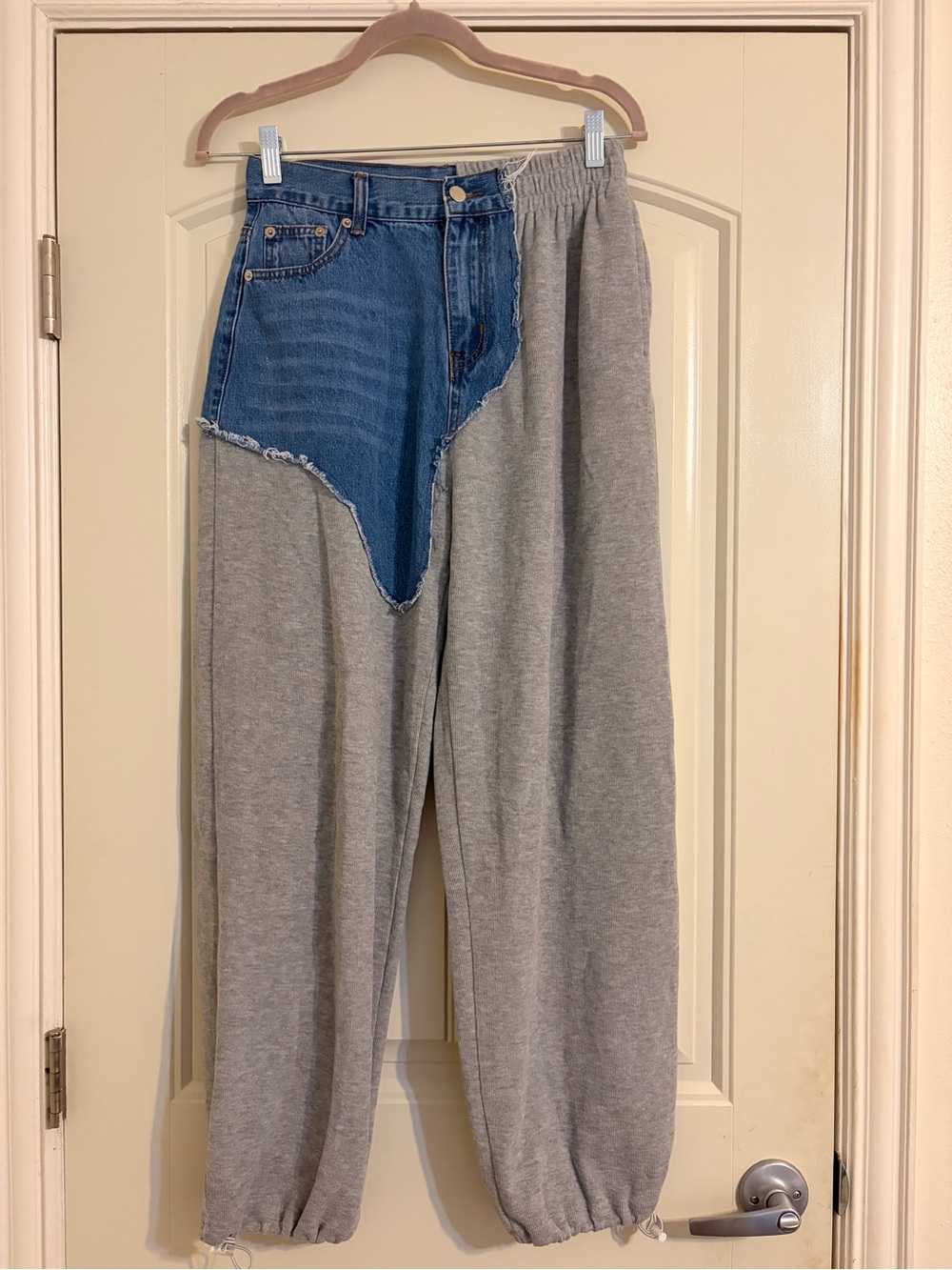 Two-Tone Gray Jogger Pants with Denim Patch